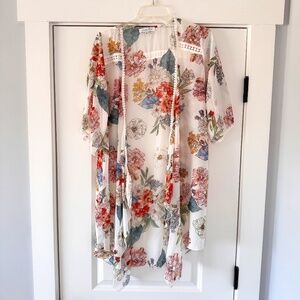 Emory Park Crochet Trim Open Kimono Cream Floral  *Size XS*